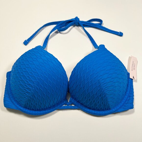 Victoria Secret 34DD Bombshell Push Up Bikini Top Adds 2 Cups Textured Blue